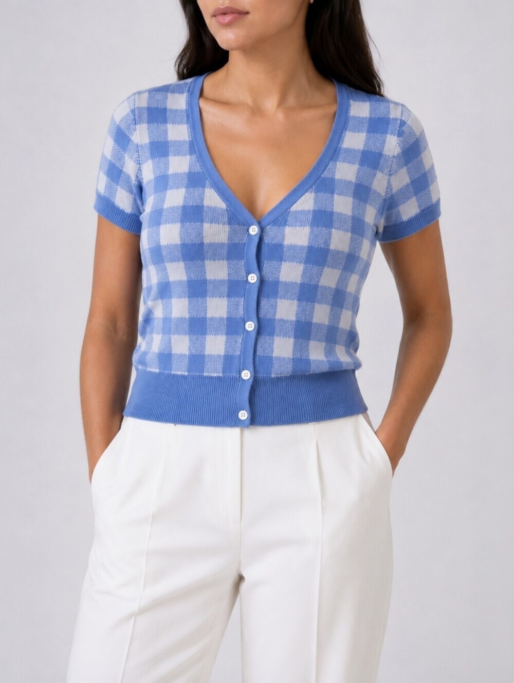 Polo Ralph Lauren Linen Blend Gingham Cardigan Short Sleeve Sweater Top M Blue